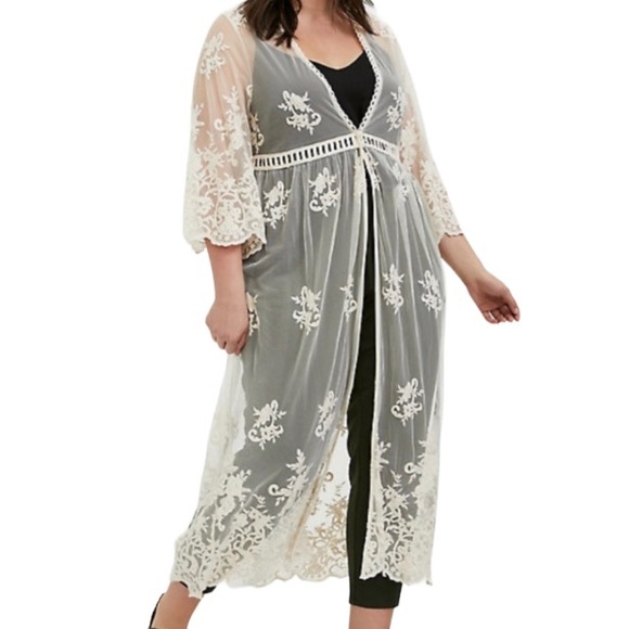 Torrid Women’s Plus Size Ivory Mesh Embroidered Duster Kimono - Picture 1 of 14